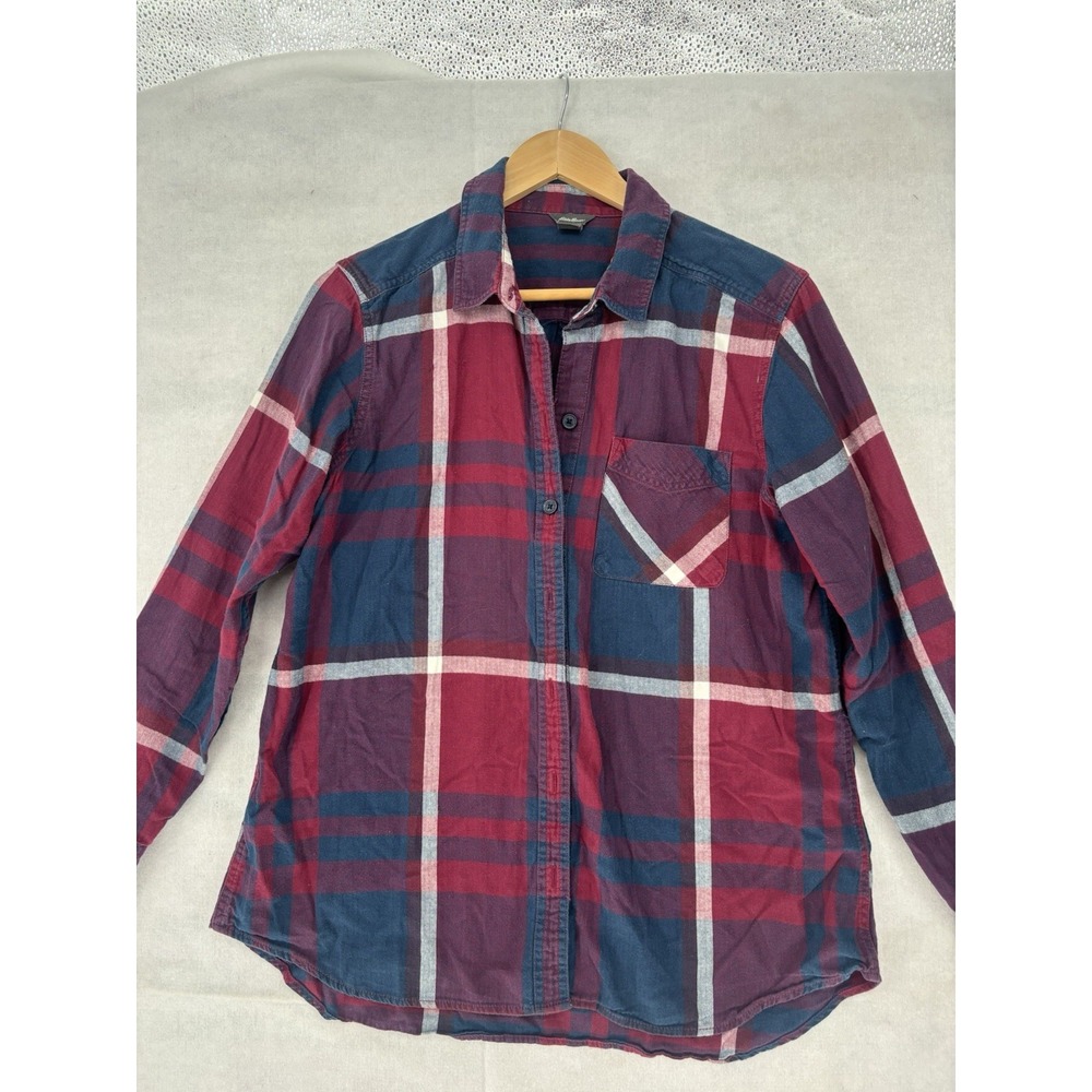 Eddie Bauer Button Down Shirt Womens M/L Maroon Blue White Plaid Outdoor